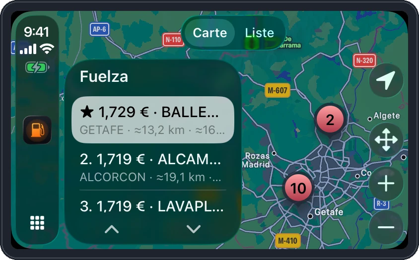 Fuelza sur CarPlay : liste des stations proches triées par prix à côté d’une carte