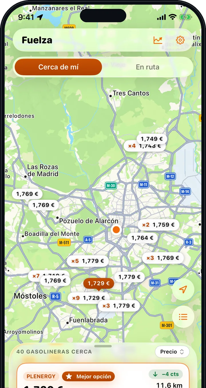 Fuelza en un iPhone: mapa de Madrid con el precio de cada gasolinera y la mejor opción destacada